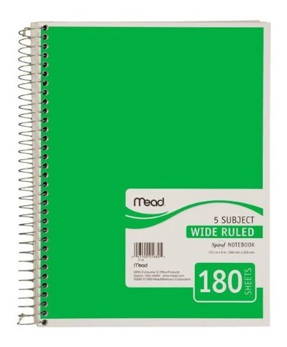 Mead Cuaderno Con Espiral, 5-subject, 180-count, Wide Ruled,