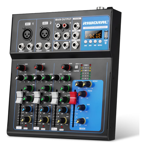 Audio Interface Mixer Riworal 4 Channel W/ Bluetooth +48v
