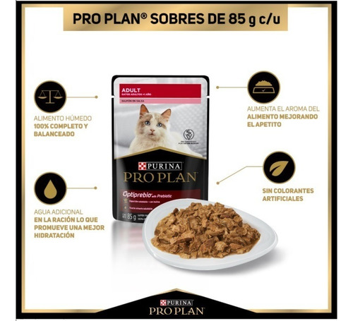 Imagen 5 de 5 de Alimento Pro Plan Gato Adulto Húmedo De Salmón, Sobre De 85g