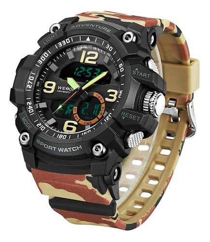 Relógio Digital Esportivo Prova Dágua 50m Militar Correia Bege Camuflado Bisel Preto Fundo Preto