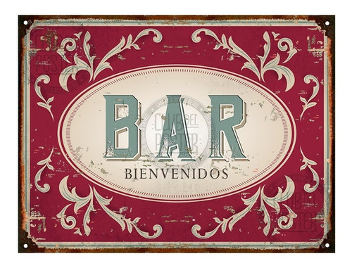 Cartel De Chapa Vintage Bar Bienvenidos Fileteado 20x28cm