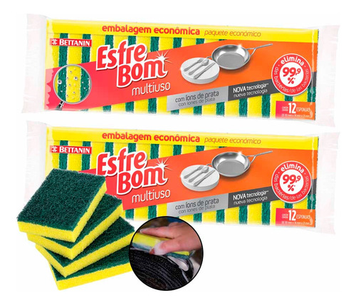 Esponja Bettanin Esfrebom Esponja Multiuso Dupla Face dupla face de espuma de poliuretano amarela verde 2 u pacote x 2