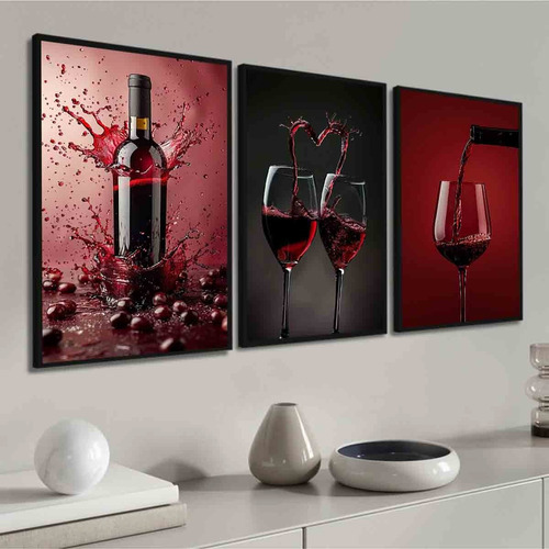 Kit Quadros Decorativos Vinho Taça Restaurante Adega Moldura