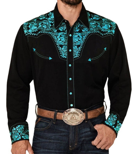 . Camisa Vaquera Mezclilla Hombre, Bordada, Ajustada