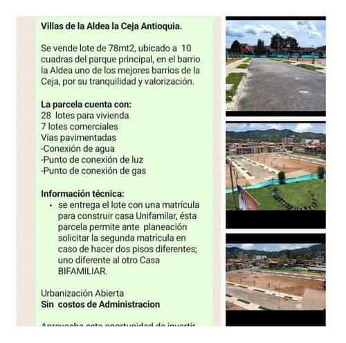 Venta Lote Villas De La Aldea, Ceja Antioquia. $185.000.000