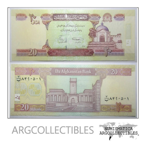 Afganistan Billete 20 Afganis 2008 Pick 68d Unc Sin Circular