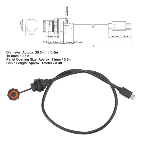 Conector Usb Impermeable Ip68 Tipo C Hembra Macho For Cable