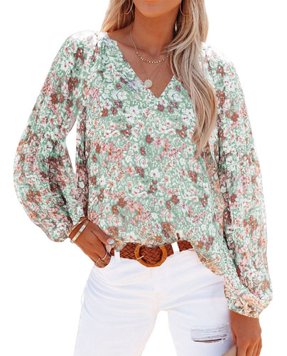 Blusa De Manga Larga Con Cuello En V, Chifón, Estampado Flor