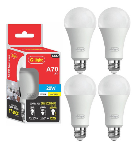 Kit 4 Lampada Led A70 20w E27 6500k Luz Branca Autovolt Alta