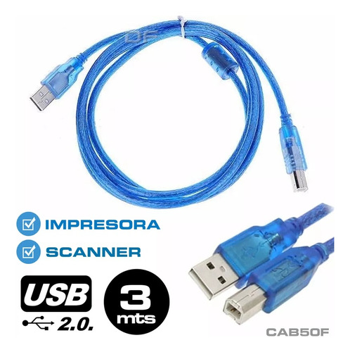 Cable Usb 2.0. Mallado Blindado Filtro 3.00m Impresora