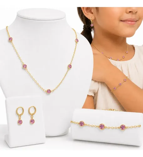 Conjunto Infantil Colar + Pulseira + Brinco Rosa A Ouro 18k — foto 1