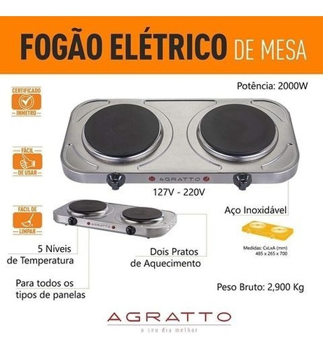 Fogão Elétrico Inox Portátil De Mesa 2 Bocas Agratto 127v