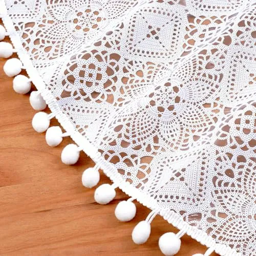 Mantel De Vinilo Blanco Impermeable Con Borlas, 55x55 Pulgad