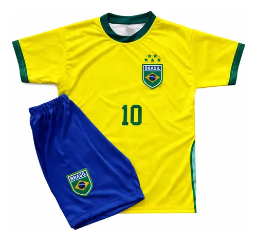 Camisa Brasil 10 Infantil E Shorts Futebol Torcedor Unissex