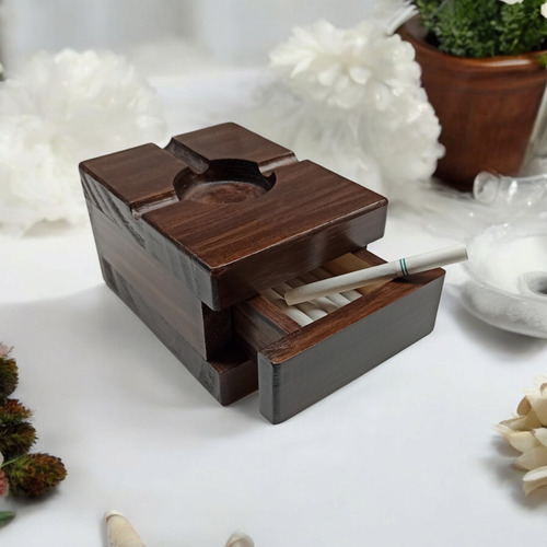 Cenicero De Madera Lustrada Artesanal De Mesa Marrón Cenicero Con Cajon