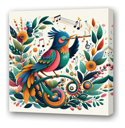 Cuadro 30x30cm Pajaro Tocando Flauta Flores Musical M2