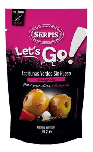 Aceitunas Verdes Serpis Let's Go! Sin Hueso Con Paprika 70 G