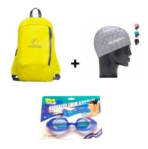 Kit Natación Mochila Amarilla+lentes+gorra De Baño / Forcecl