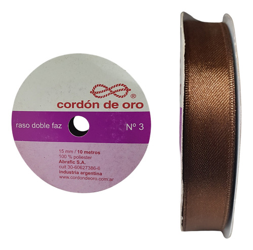 Cinta De Raso Doble Faz N°3 (15mm) X Rollo De 10mts Marrón Cordón De Oro