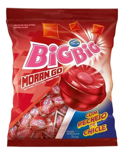 Pirulito Big Big Morango Pacote 500g Com Recheio De Chicle