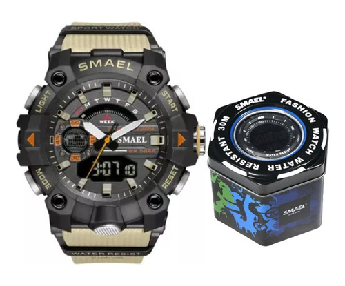 Reloj Deportivo Smael 8040 Khaki Hora Doble Cronometro 50 M