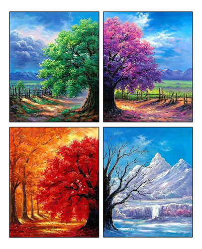 Kit Pintura Con Diamantes 4 Cuadros Estaciones Arbol 30x4...