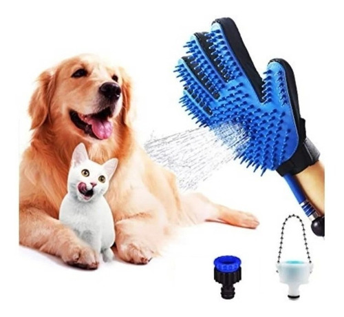 Guante Masajeador Ducha Para Mascotas De Silicona Y Manguera Color Azul/Negro