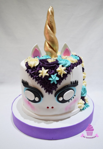 Torta Unicornio De 2 Pisos Comestible Cuerno Flores Violeta