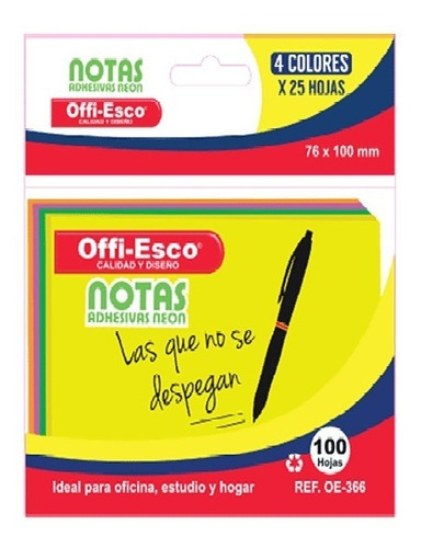 Notas Adhesivas Removibles 76x100mm Colores Neon Pqtx 100 Hj