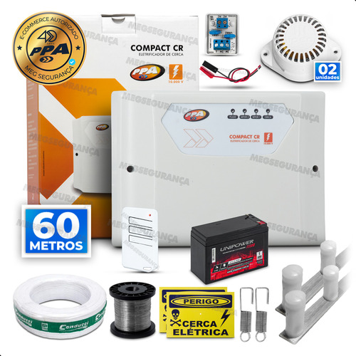 Kit Cerca Eletrica Completo 60 Metros Alarme Sirene Bateria