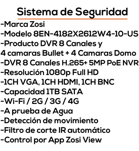 Sistema De Seguridad Zosi Dvr 8ch 4bullet 4domo 1tb Bagc