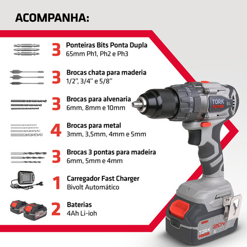 Parafusadeira Furadeira De Impacto Industrial 20v Sem Fio Com Maleta 2 Baterias 127/220V Super Tork