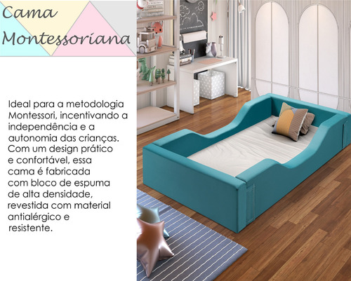 Cama Espuma Montessoriana Infantil Com Laterais De Proteção Espumada E Colchão 150x70cm Confortável Segura Moderna Verde Agua Comprelar