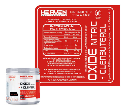 Heaven Oxido Nítrico + Clembu 500g Pre Entreno 100 Servs Natural