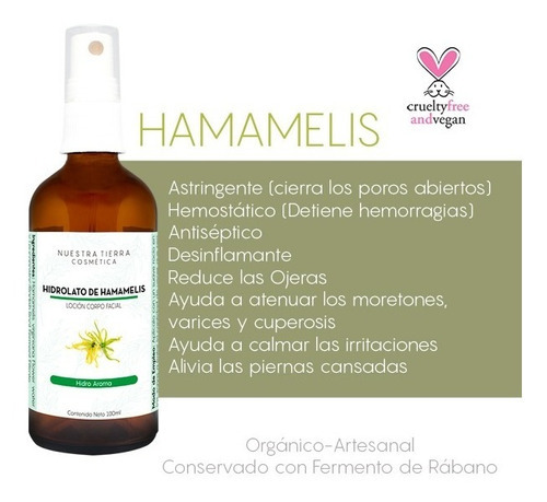Imagen 3 de 3 de Hidrolato De Hamamelis Orgánico- Astringente-120ml Tipo De Piel Todo Tipo De Piel