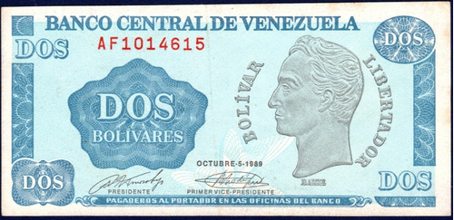 Billete 2 Bolívares Af7 Oct 05 1989 Simón Bolívar Tinoquito