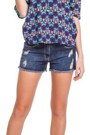 Shorts Feminino Jeans Índigo Rasgado E Desfiado Seiki 960026