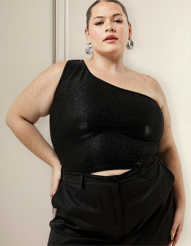 Top Glitter De Mujer Brillante Un Hombro Talles Grandes Naor