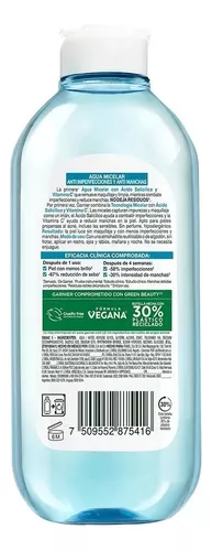 Agua Micelar Garnier SkinActive Ácido Salicílico para Piel con Tendencia al  Acné, 400 ml.