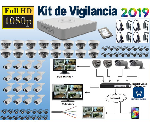 Sistema De Seguridad Hikvision 32 Cámaras Hd 1080p 1tb 610mt