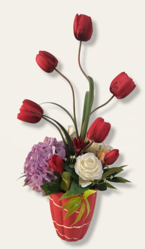 Arreglo Tulipanes Rojos, Hortencias Lilas Y Rosas Artificial