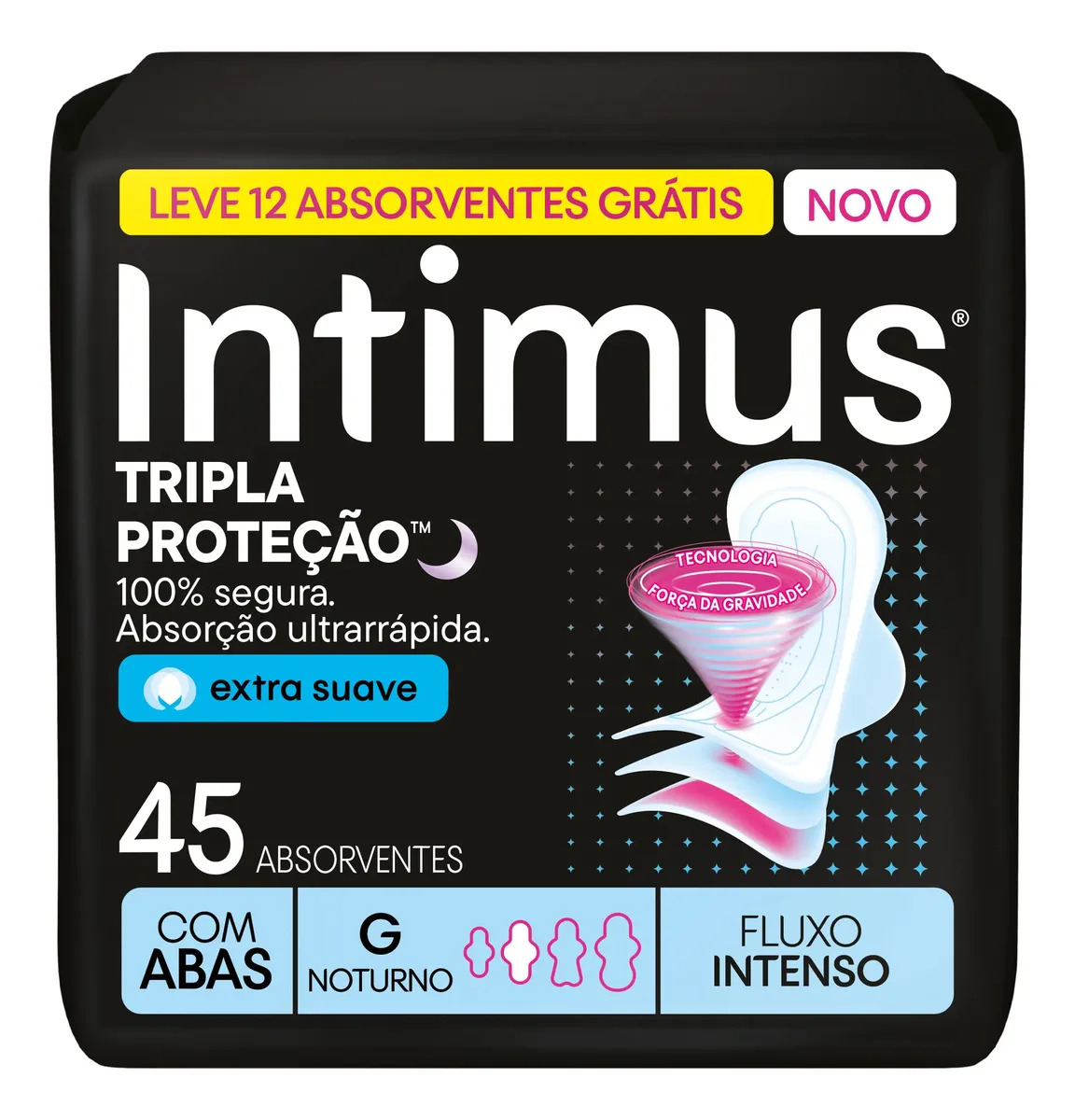 Absorvente Intimus Tripla Proteção Noite Suave Com Abas, Fluxo intenso, 45 unid
