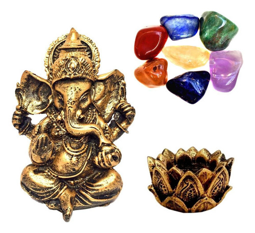 Combo Estátua De Ganesha + Pedras Dos Chakras +castiçal Kit Cor Dourado
