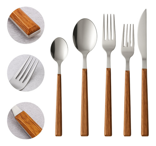 Set Cubiertos Acero Inoxidable Mango Madera 5 Pzas Lujo Marrón/metal