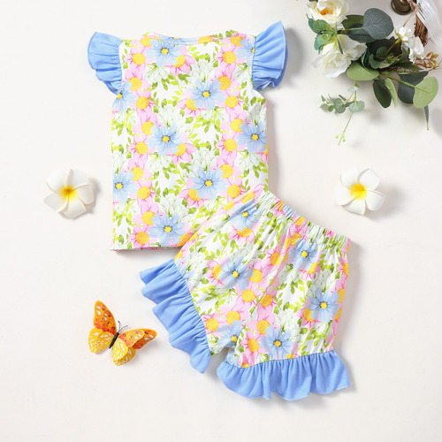 Conjunto Verano Niña Con Moño Y Estampado Floral Multicolor Azul 18-24 M