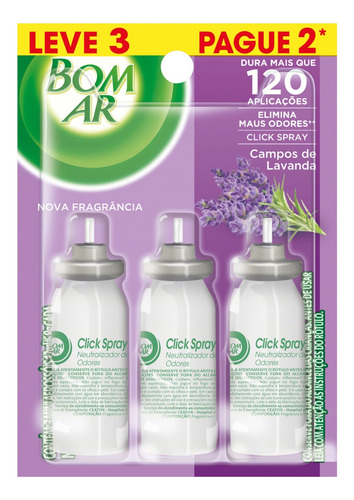 Neutralizador de Odores Campos de Lavanda Click Spray Bom Ar Blister 12ml Cada Refil Leve 3 Pague 2 Unidades