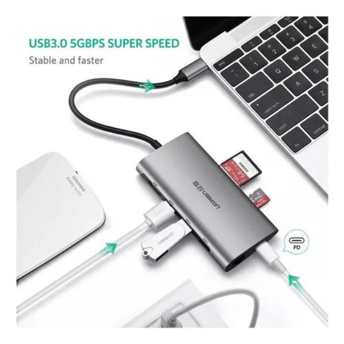 Hub Ugreen Cm121 Usb C A 3xusb3.0a + Hdmi + Rj45 + Sd/tf+ Pd