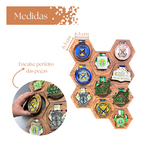 Porta Medalhas Modular Hexagonal 13x11cm 3 Cores - Kit C/ 10