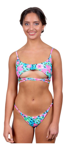 Malla Bikini Regulable Estampado Fucsia Y Turquesa Floreado