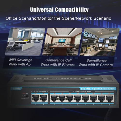 Switch De Rede Gigabit Poe+ De 10 Portas Terow: Com 8 Porta